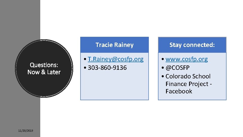 Tracie Rainey Questions: Now & Later 11/20/2019 • T. Rainey@cosfp. org • 303 -860