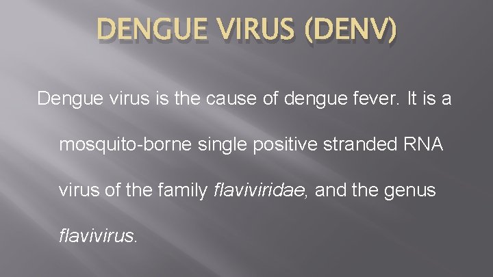 DENGUE VIRUS (DENV) Dengue virus is the cause of dengue fever. It is a