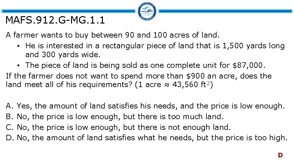 MAFS. 912. G-MG. 1. 1 A farmer wants to buy between 90 and 100