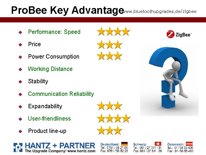 Pro. Bee Key Advantagewww. bluetoothupgrades. de/zigbee Performance: Speed Price Power Consumption Working Distance Stability