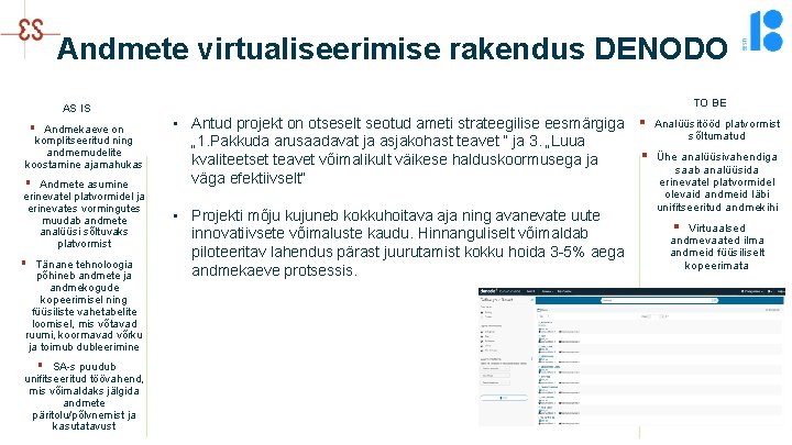 Andmete virtualiseerimise rakendus DENODO AS IS § Andmekaeve on komplitseeritud ning andmemudelite koostamine ajamahukas