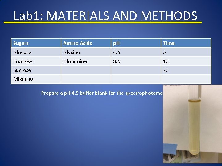 Lab 1: MATERIALS AND METHODS Sugars Amino Acids p. H Time Glucose Glycine 4.