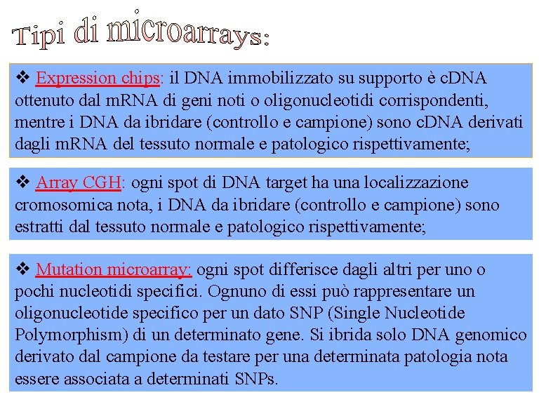 v Expression chips: il DNA immobilizzato su supporto è c. DNA ottenuto dal m.