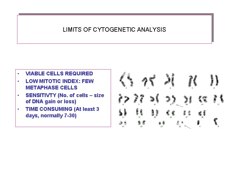 LIMITS OF CYTOGENETIC ANALYSIS • • VIABLE CELLS REQUIRED LOW MITOTIC INDEX: FEW METAPHASE