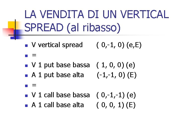 LA VENDITA DI UN VERTICAL SPREAD (al ribasso) n n n n V vertical
