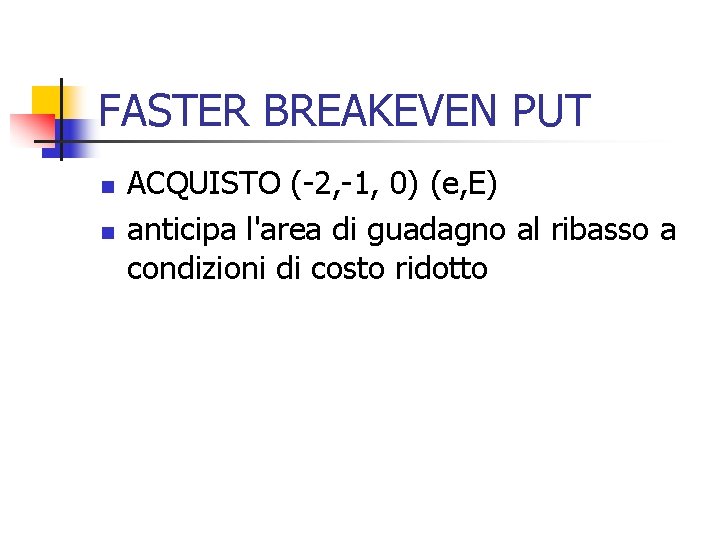 FASTER BREAKEVEN PUT n n ACQUISTO (-2, -1, 0) (e, E) anticipa l'area di
