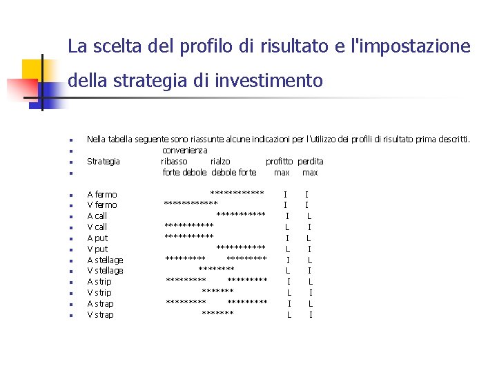 La scelta del profilo di risultato e l'impostazione della strategia di investimento n n