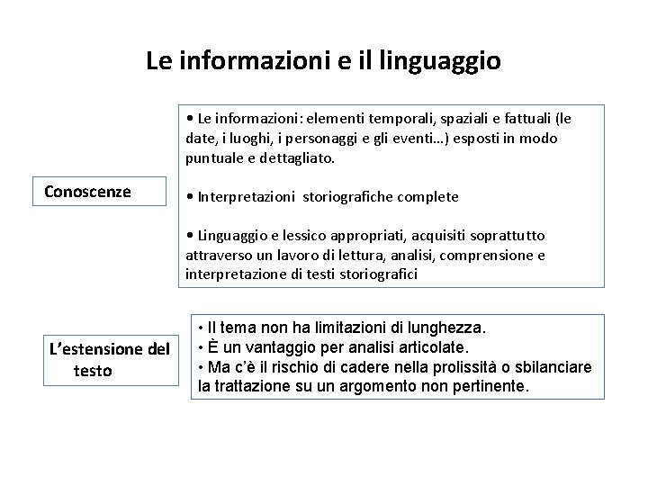 Le informazioni e il linguaggio • Le informazioni: elementi temporali, spaziali e fattuali (le