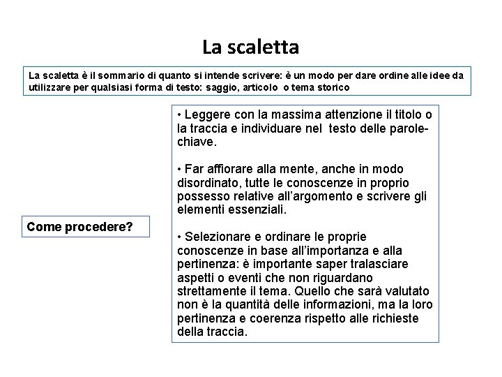 La scaletta è il sommario di quanto si intende scrivere: è un modo per