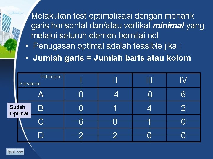  • Melakukan test optimalisasi dengan menarik garis horisontal dan/atau vertikal minimal yang melalui