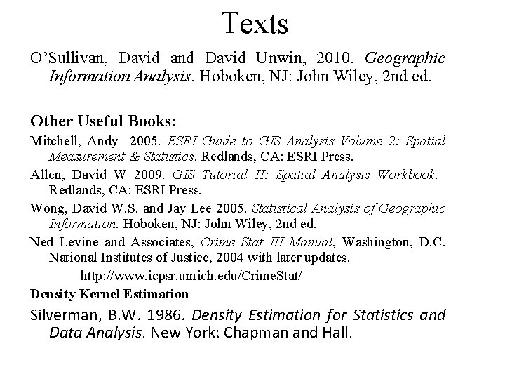 Texts O’Sullivan, David and David Unwin, 2010. Geographic Information Analysis. Hoboken, NJ: John Wiley,