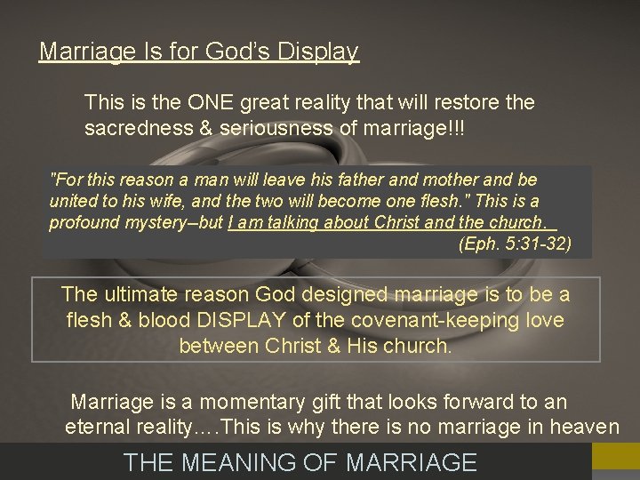 Marriage Is for God’s Display This is the ONE great reality that will restore