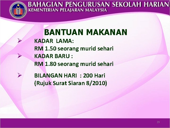 BANTUAN MAKANAN Ø Ø Ø KADAR LAMA: RM 1. 50 seorang murid sehari KADAR