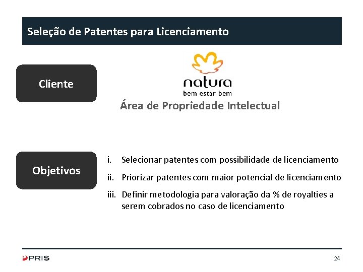 Seleção de Patentes para Licenciamento Cliente Área de Propriedade Intelectual Objetivos i. Selecionar patentes