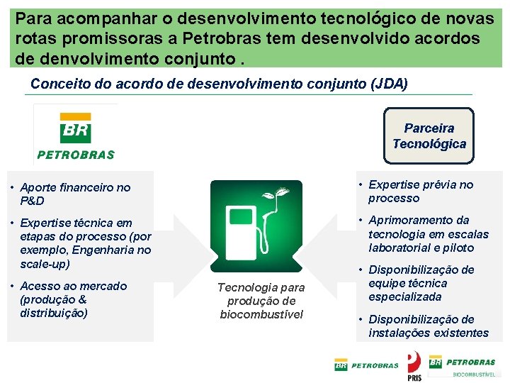 Para acompanhar o desenvolvimento tecnológico de novas rotas promissoras a Petrobras tem desenvolvido acordos