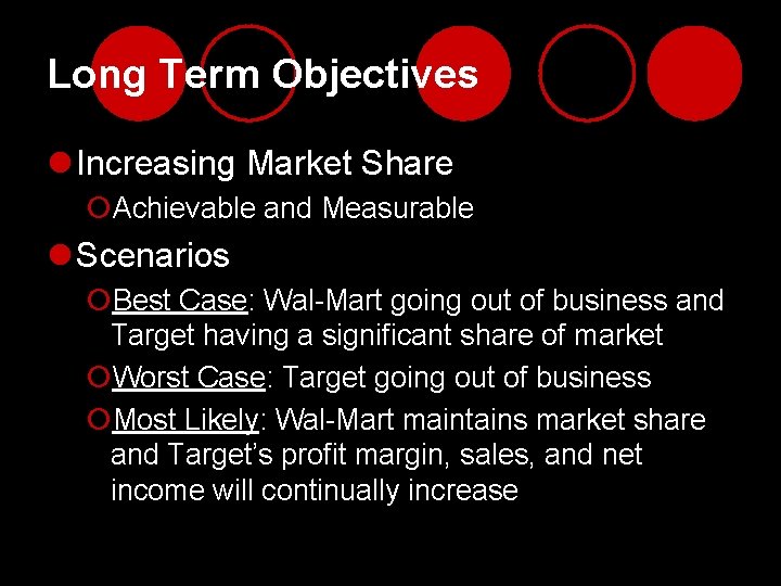 Long Term Objectives l Increasing Market Share ¡Achievable and Measurable l Scenarios ¡Best Case: