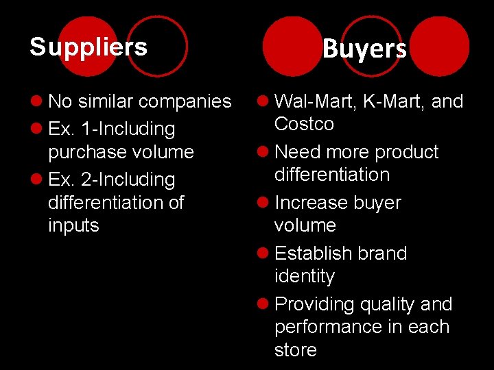 Suppliers l No similar companies l Ex. 1 -Including purchase volume l Ex. 2
