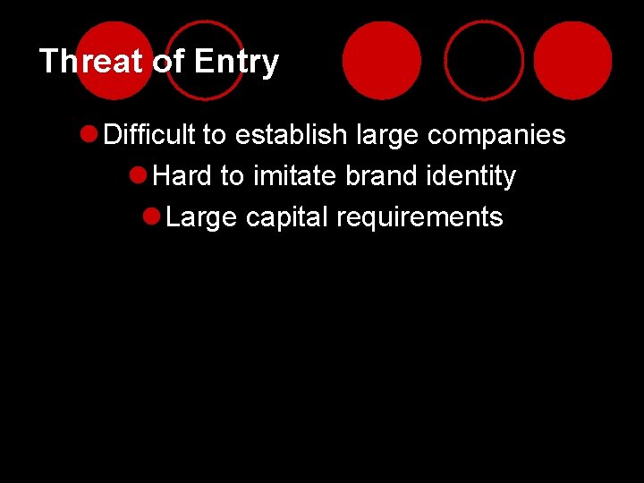 Threat of Entry l Difficult to establish large companies l Hard to imitate brand