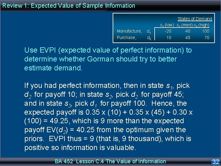 Review 1: Expected Value of Sample Information States of Demand s 1 (low) s