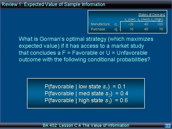 Review 1: Expected Value of Sample Information States of Demand s 1 (low) s