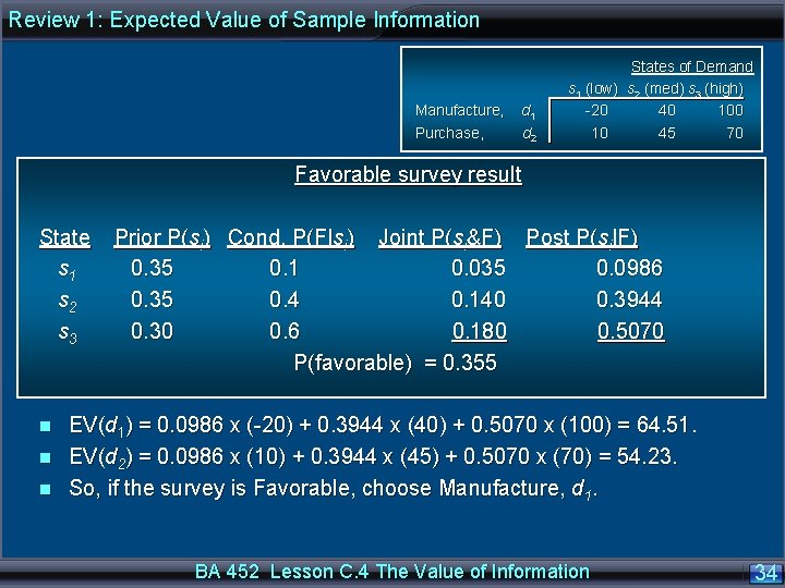 Review 1: Expected Value of Sample Information States of Demand s 1 (low) s