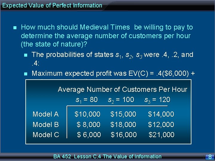 Expected Value of Perfect Information How much should Medieval Times be willing to pay