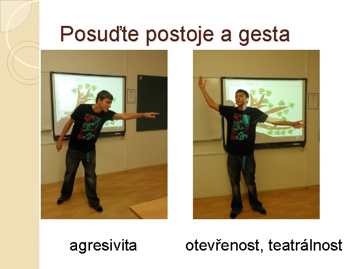 Posuďte postoje a gesta agresivita otevřenost, teatrálnost 