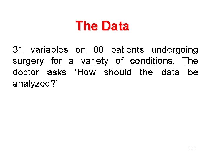 The Data 31 variables on 80 patients undergoing surgery for a variety of conditions.