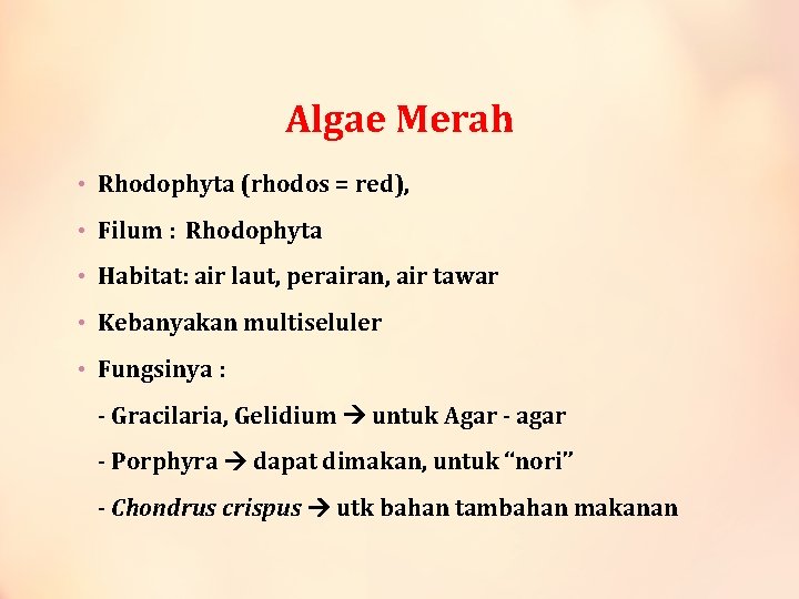Algae Merah • Rhodophyta (rhodos = red), • Filum : Rhodophyta • Habitat: air