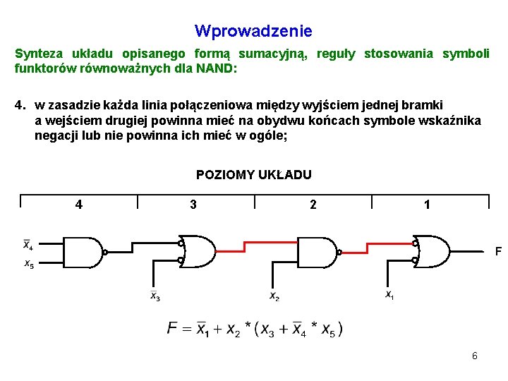 Wprowadzenie Synteza układu opisanego formą sumacyjną, reguły stosowania symboli funktorów równoważnych dla NAND: 4.