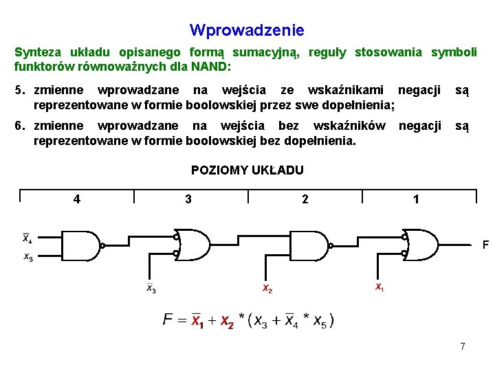 Wprowadzenie Synteza układu opisanego formą sumacyjną, reguły stosowania symboli funktorów równoważnych dla NAND: 5.