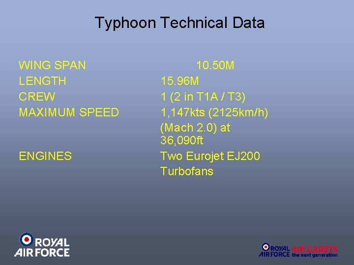 Typhoon Technical Data WING SPAN LENGTH CREW MAXIMUM SPEED ENGINES 10. 50 M 15.