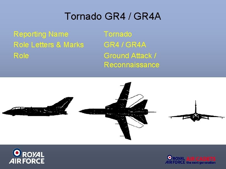 Tornado GR 4 / GR 4 A Reporting Name Role Letters & Marks Role