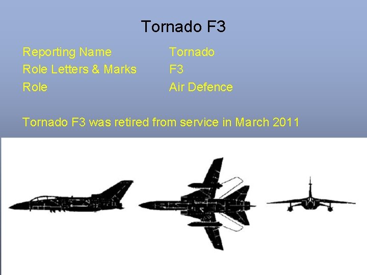 Tornado F 3 Reporting Name Role Letters & Marks Role Tornado F 3 Air