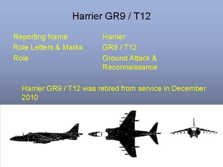 Harrier GR 9 / T 12 Reporting Name Role Letters & Marks Role Harrier