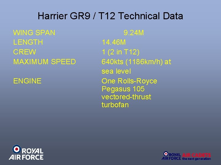 Harrier GR 9 / T 12 Technical Data WING SPAN LENGTH CREW MAXIMUM SPEED