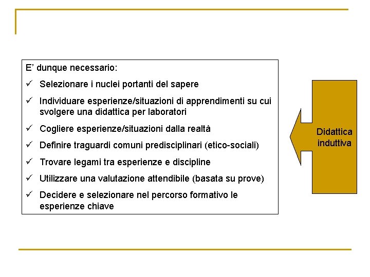 E’ dunque necessario: ü Selezionare i nuclei portanti del sapere ü Individuare esperienze/situazioni di