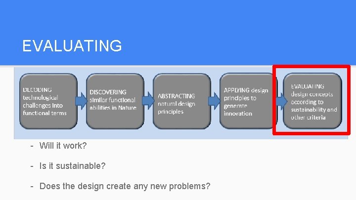 EVALUATING - Will it work? - Is it sustainable? - Does the design create