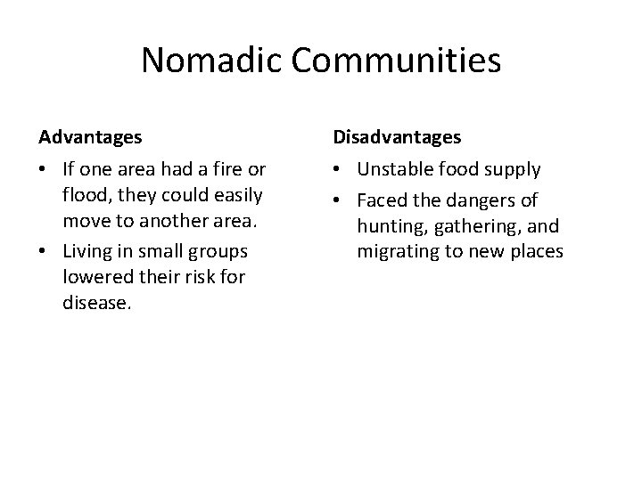 Nomadic Communities Advantages Disadvantages • If one area had a fire or flood, they