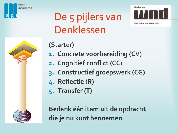 De 5 pijlers van Denklessen (Starter) 1. Concrete voorbereiding (CV) 2. Cognitief conflict (CC)
