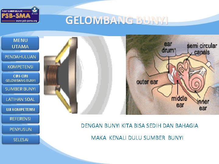 GELOMBANG BUNYI MENU UTAMA PENDAHULUAN KOMPETENSI CIRI-CIRI GELOMBANG BUNYI SUMBER BUNYI LATIHAN SOAL UJI