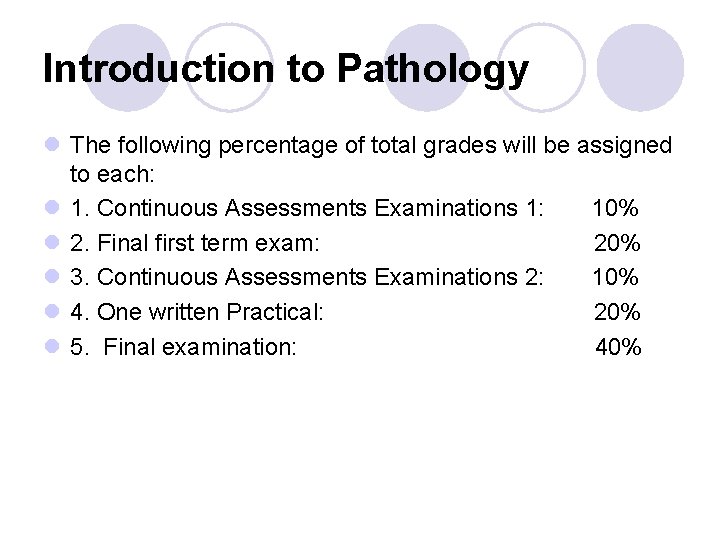 Introduction to Pathology l The following percentage of total grades will be assigned to