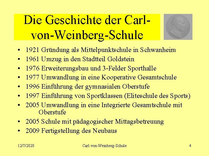 Die Geschichte der Carlvon-Weinberg-Schule • • 1921 Gründung als Mittelpunktschule in Schwanheim 1961 Umzug
