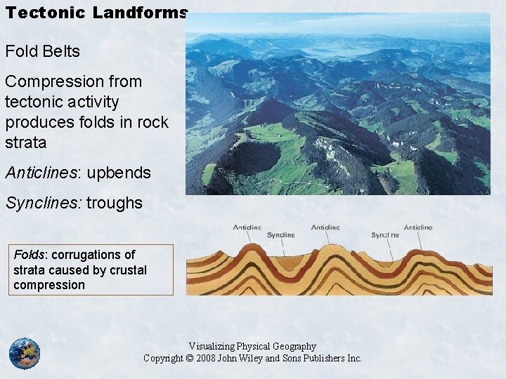 Tectonic Landforms Fold Belts Compression from tectonic activity produces folds in rock strata Anticlines: