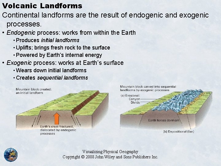 Volcanic Landforms Continental landforms are the result of endogenic and exogenic processes. • Endogenic