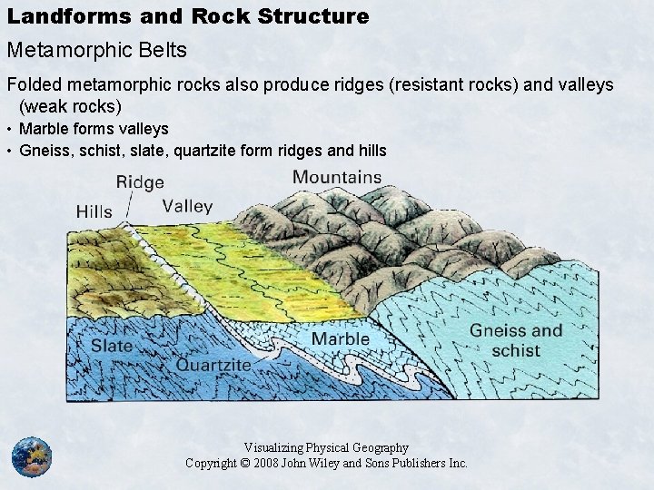 Landforms and Rock Structure Metamorphic Belts Folded metamorphic rocks also produce ridges (resistant rocks)