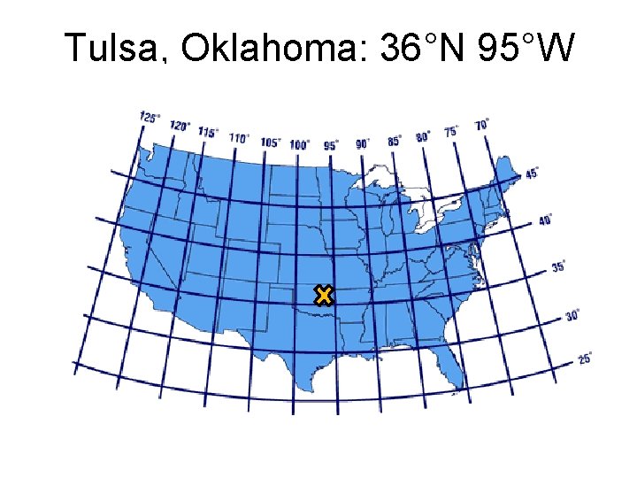 Tulsa, Oklahoma: 36°N 95°W 