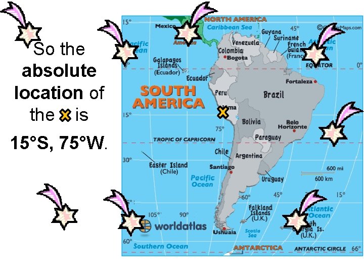 So the absolute location of the is 15°S, 75°W. 