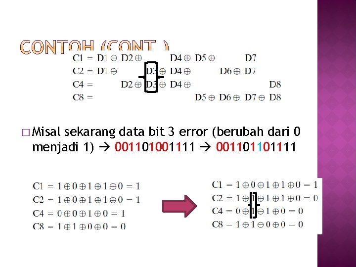 � Misal sekarang data bit 3 error (berubah dari 0 menjadi 1) 001101001111 001101101111