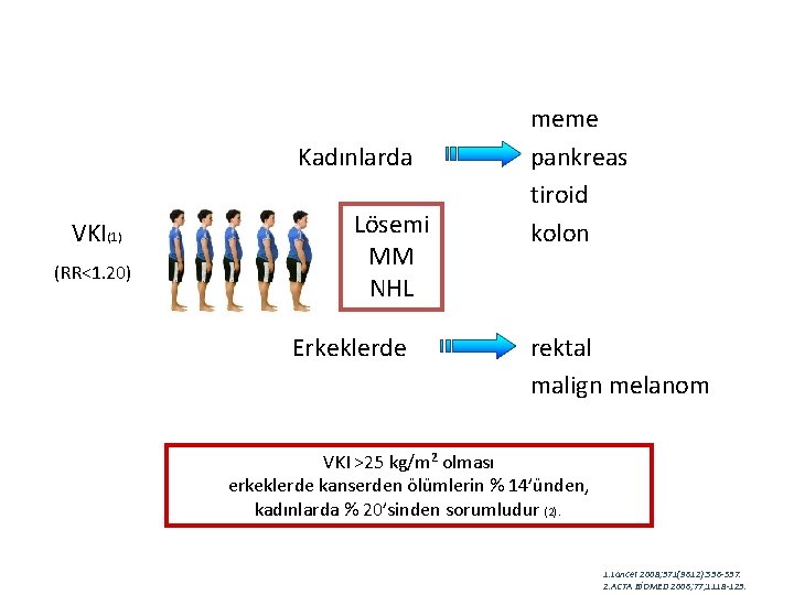 Kadınlarda VKI(1) (RR<1. 20) Lösemi MM NHL Erkeklerde meme pankreas tiroid kolon rektal malign